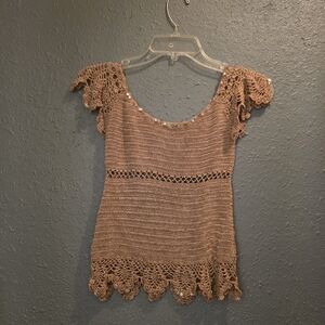 wet n wild Crochet Scoop Neck Tunic in Taupe Brown